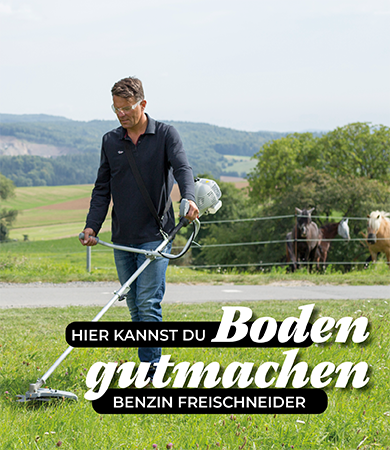 Mann schneidet Gestrüpp und Gras mit eienem Benzinfreischneider